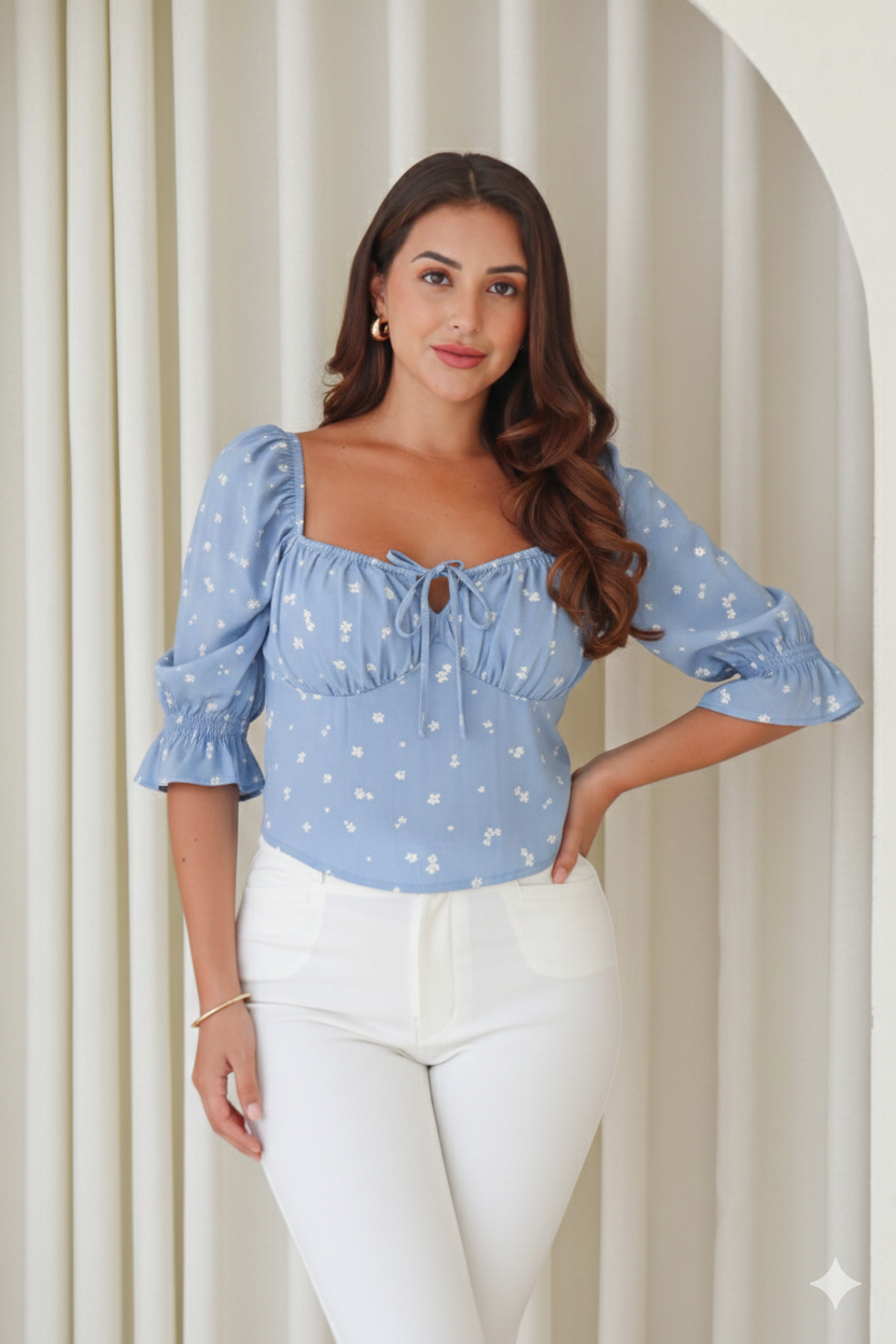 Blusa Floral Manga 3/4 con Lazo Claudia