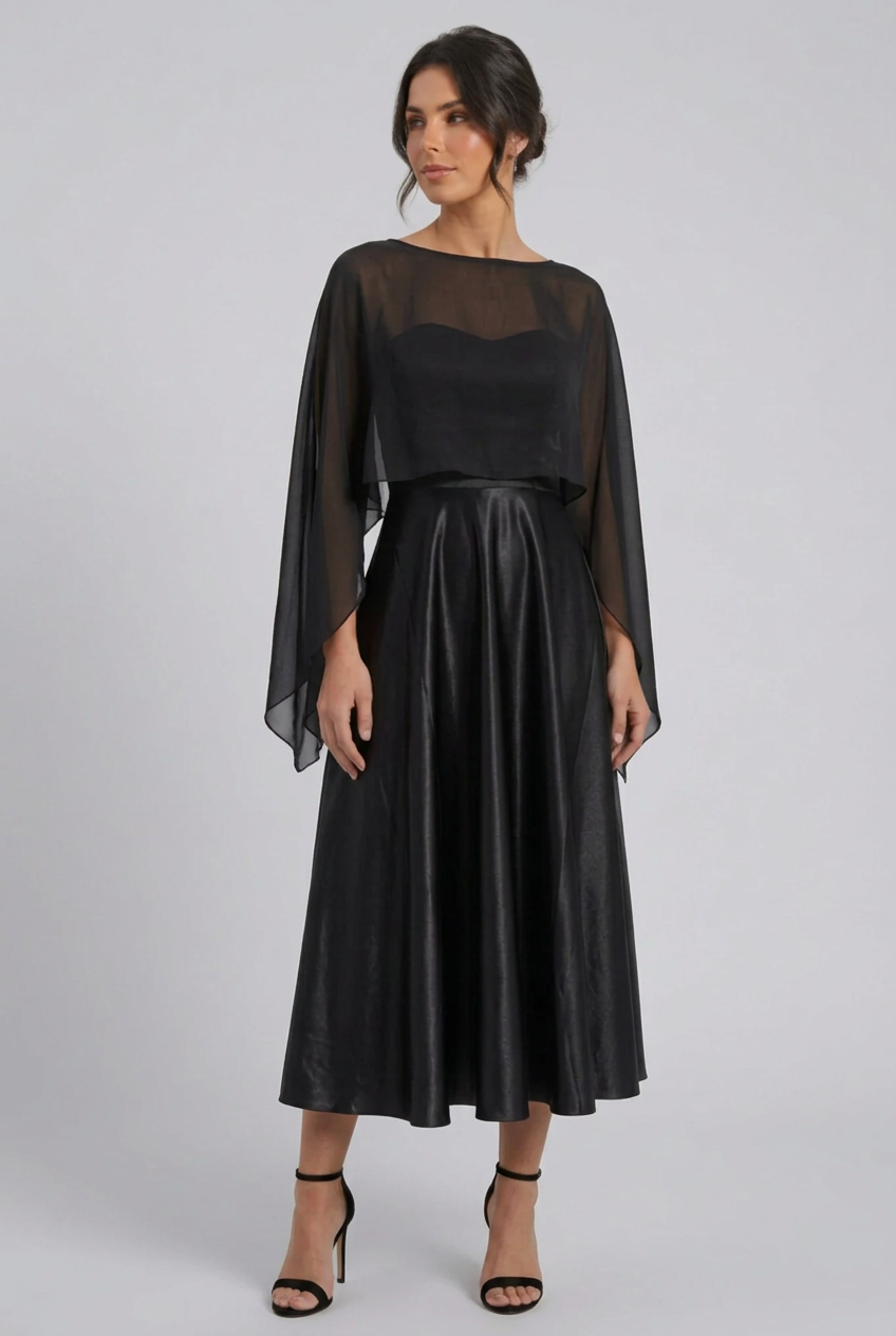Vestido Fiesta Midi Strapless con Capa Scarlata