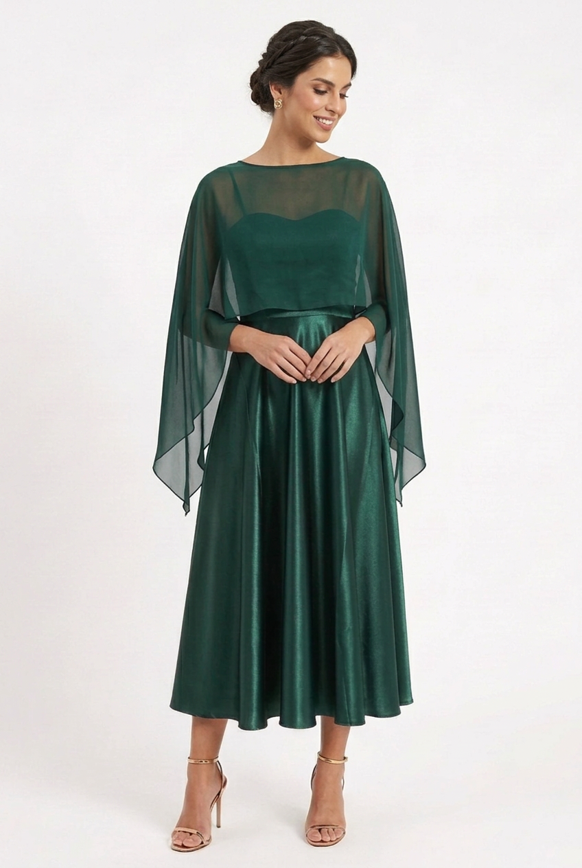 Vestido Fiesta Midi Strapless con Capa Scarlata