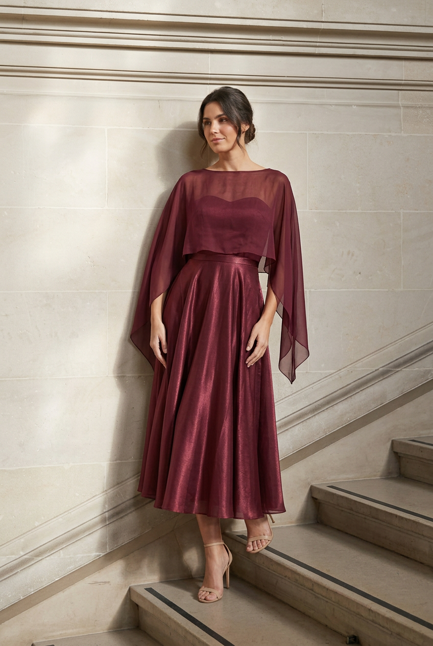 Vestido Fiesta Midi Strapless con Capa Scarlata